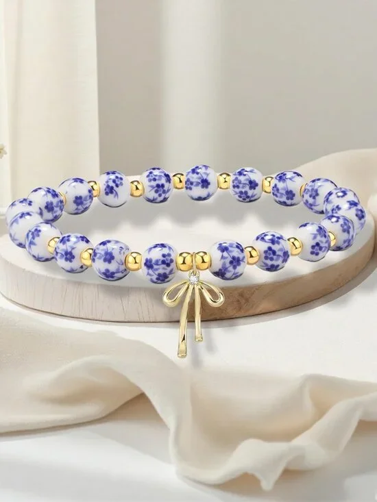 Beads Bow Stretch Bracelet for Women Vintage Flower Charm Bracelet Handmade Gold - Picture 3 of 6